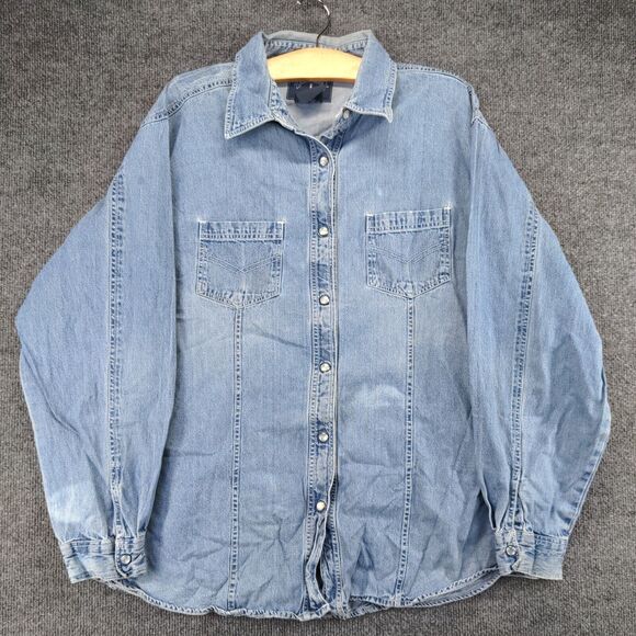 Solutions Denim Shirt Mens Size XL Blue Pearl Snaps Collared - Picture 2 of 13